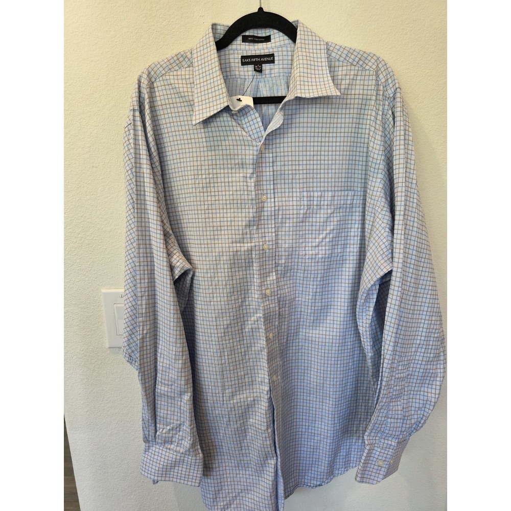 Saks 5th Avenue Mens Dress Shirt Sz 18 36/37 Button Up Cotton Blue Brown Squares